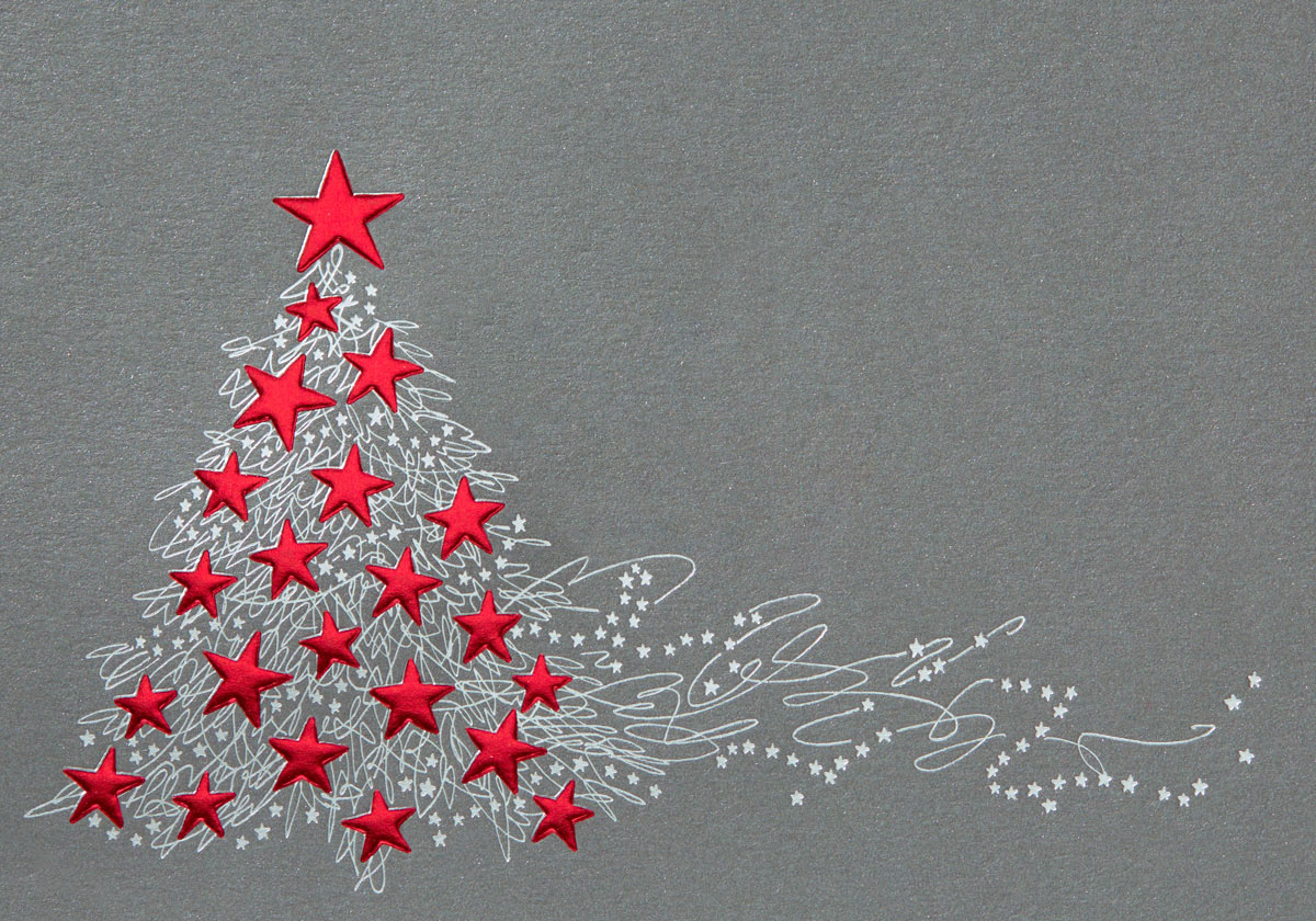 Weihnachtskarte anthrazit metallic mit silbernem Weihnachtsbaum mit roten Sternen