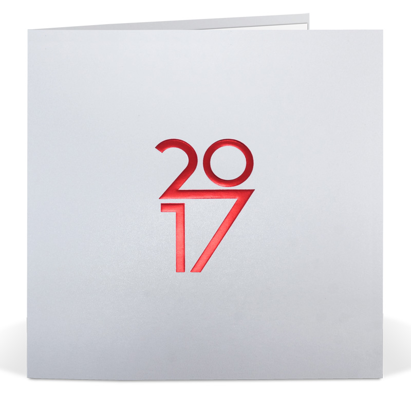 Neujahrskarte quadratisch mit roter Jahreszahl 2017 perlmutt metallic