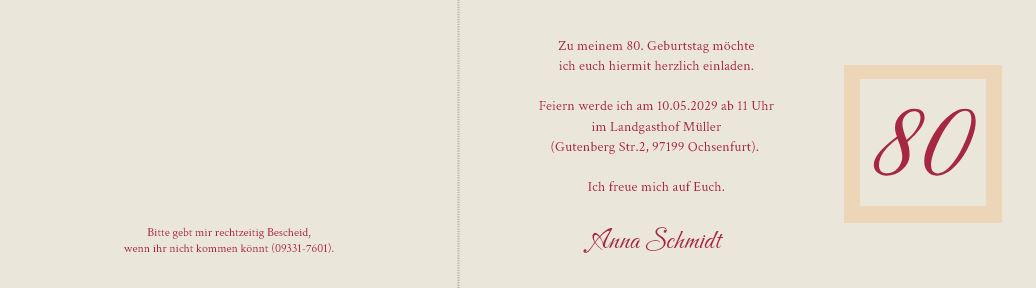 Dunkelrote Einladungskarte zum 80. Geburtstag mit Relief und Blumenornament, DIN lang