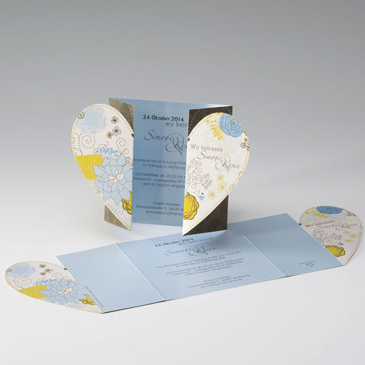 Hochzeitskarte ba722054 Herz-Formstanzung retro Blumenmotive
