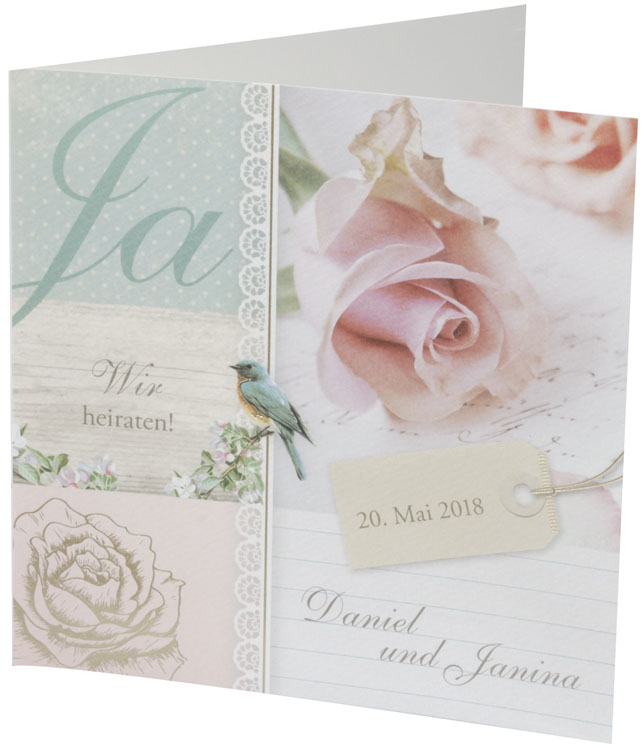Hochzeitskarte mit Ja, Rosenblüten, Vogel, gedrucktem Anhänger