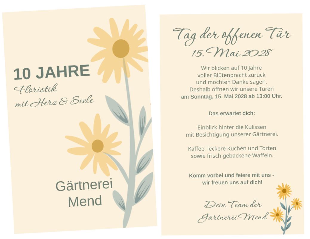 Firmen-Einladungskarte zum 10-jährigen Jubiläum als Einzelkarte mit freier Gestaltung und floralem Motiv