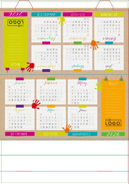 Jahreskalender zum Aufstellen "Bunte Hände" mit Logoeindruck und Spende für Kinderherzen e.V.