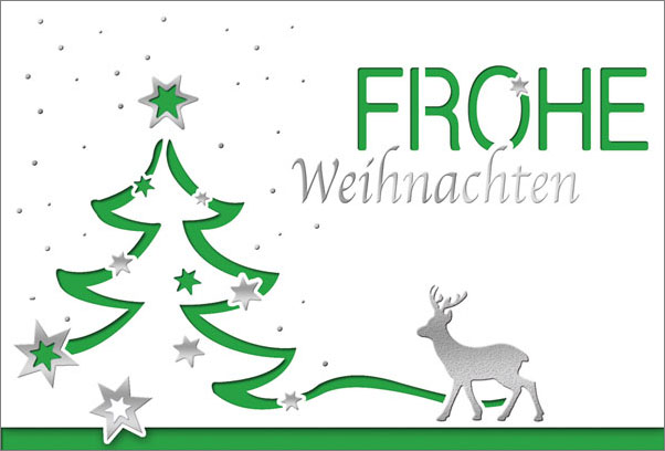 Weihnachtskarte Frohe Weihnachten weiß mit Rentier und Weihnachtsbaum inkl. wählbarem Einleger