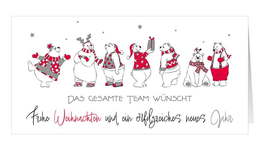 Lustige Firmenweihnachtskarte "Bären-Bande" in weiß mit Teamgruß im Format DIN lang