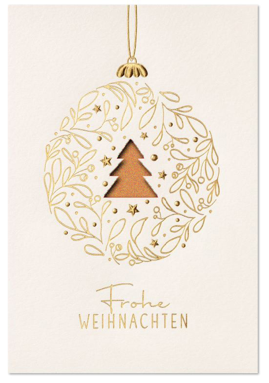 Weiße Weihnachtskarte mit Laserstanzung Baum und Goldfolienprägung von Kugel und Weihnachtsgruß, Einleger kupfer