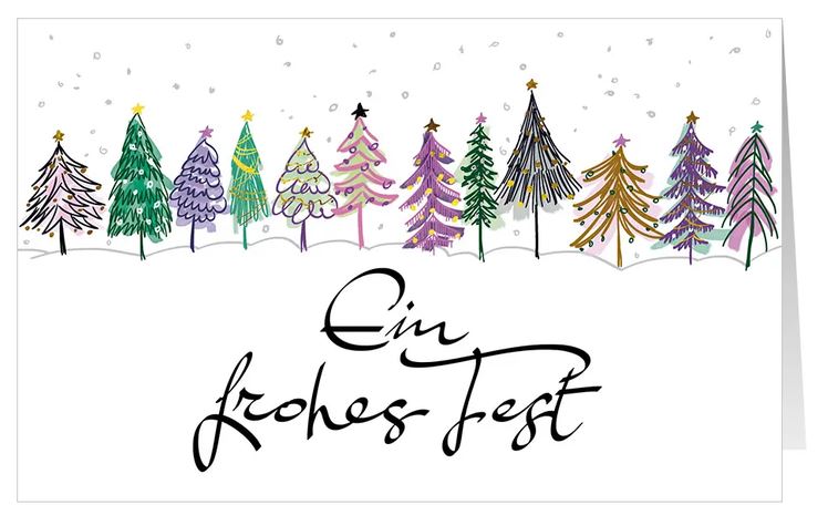 Farbenfrohe Weihnachtskarte "Moderne Waldpoesie" mit Weihnachtsgruß und bunten Bäumen