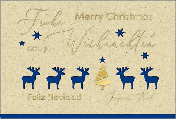 Stanz-Weihnachtskarte aus Naturkarton mit Goldfolienprägung und Einleger in dunkelblau