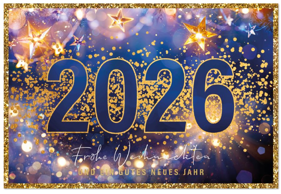 Weihnachts-Spendenkarte mit Jahreszahl 2026, Sternen, Gruß und Gutem Zweck: Make A Wish Deutschland gGmbH