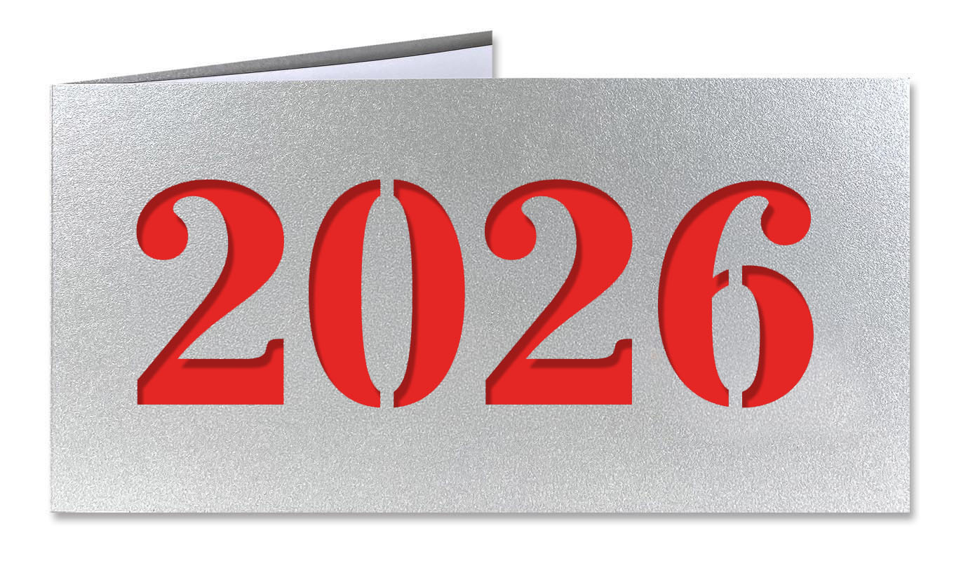 Silberne Neujahrskarte aus "Glamour" Metallic-Karton mit Laserstanzung 2026 und rotem Einlegeblatt