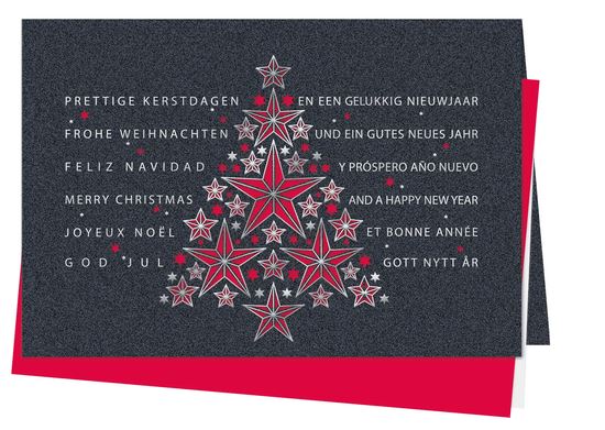 Internationale Laser-Weihnachtskarte "Sternenbaum" in Anthrazit mit rotem Einleger und Silberfolienprägung