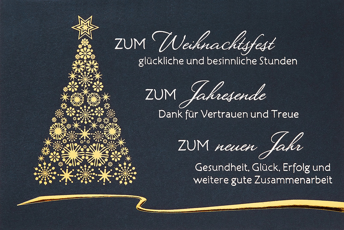 Weihnachtskarte nachtblau mit goldenem Baum & Dank für Vertrauen