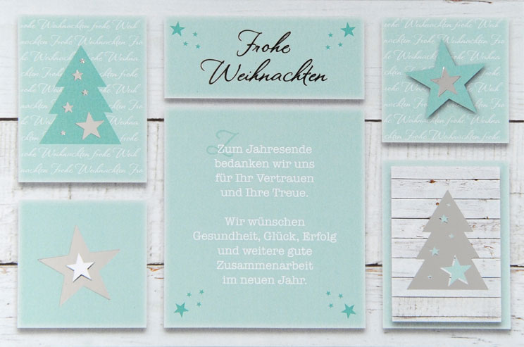 Weihnachtskarte mit geschäftlichem Text und türkisfarbenem Design mit Holzdekor