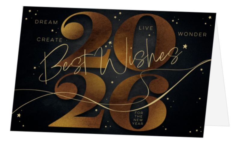 Elegante Neujahrskarte zugunsten DKMS Wir besiegen Blutkrebs mit Jahreszahl 2026 und "Best Wishes"