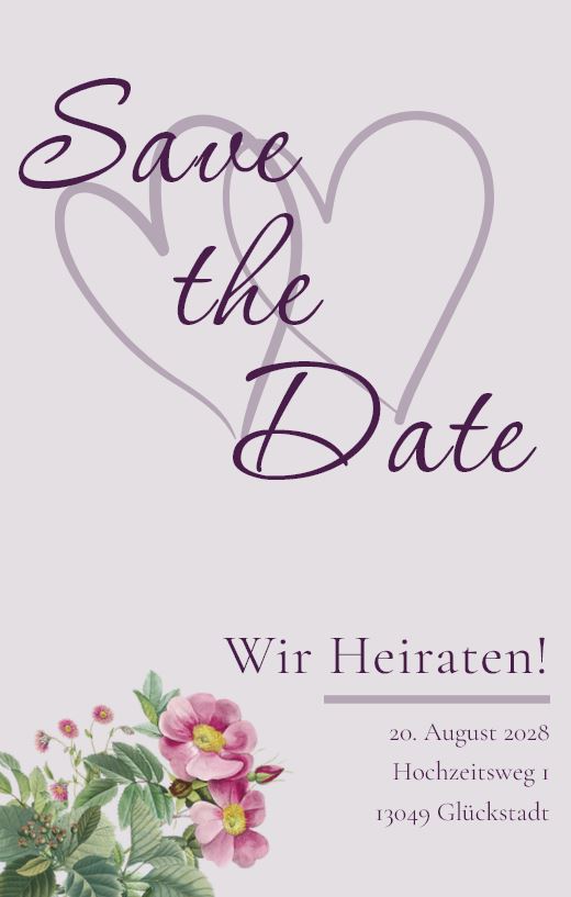 Romantische Save the Date in flieder mit zwei Herzen als beidseitig bedruckbare Einzelkarte