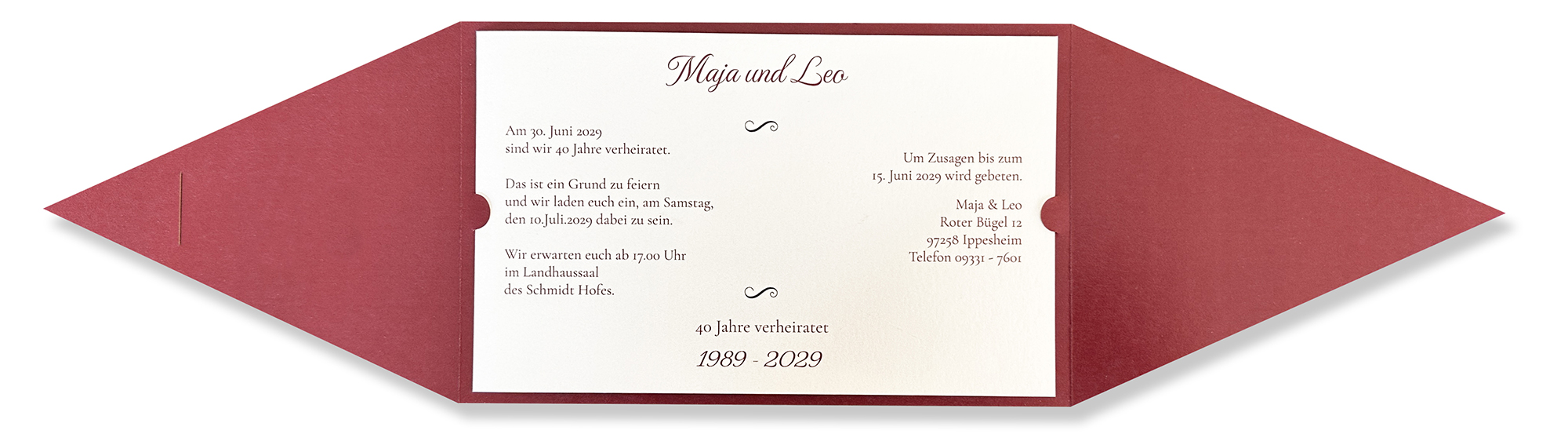 Einladungskarte im festlichen Design zur Rubinhochzeit - 40 Jahre in creme/rot metallic mit Ornamenten