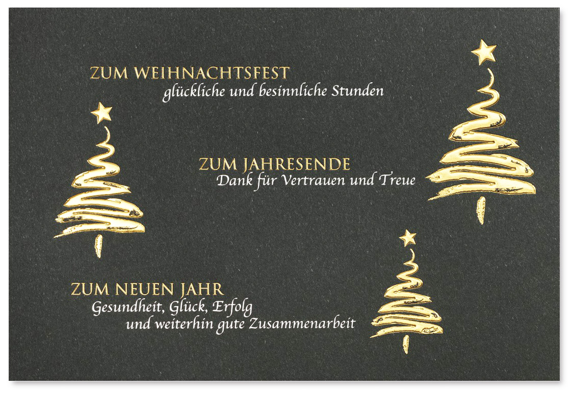 Weihnachtskarte grau mit Weihnachtsbäumen und geschäftlichem Text Dank für Zusammenarbeit