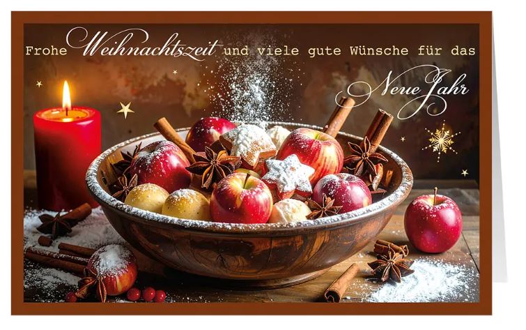 Stimmungsvolle Weihnachtskarte "Festliche Gemütlichkeit" mit weihnachtlichen Köstlichkeiten in einer Schale und Gruß
