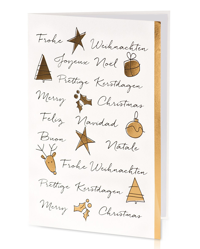 Weihnachtskarte weiß mit internationalen Wünschen und Symbolen
