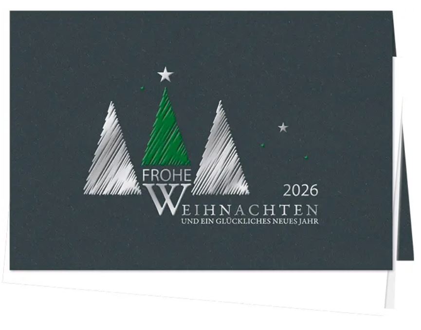Moderner Weihnachtsgruß in schwarz "Tree Trio" mit Grün- und Silberfolienprägung, inkl. Falteinleger weiß