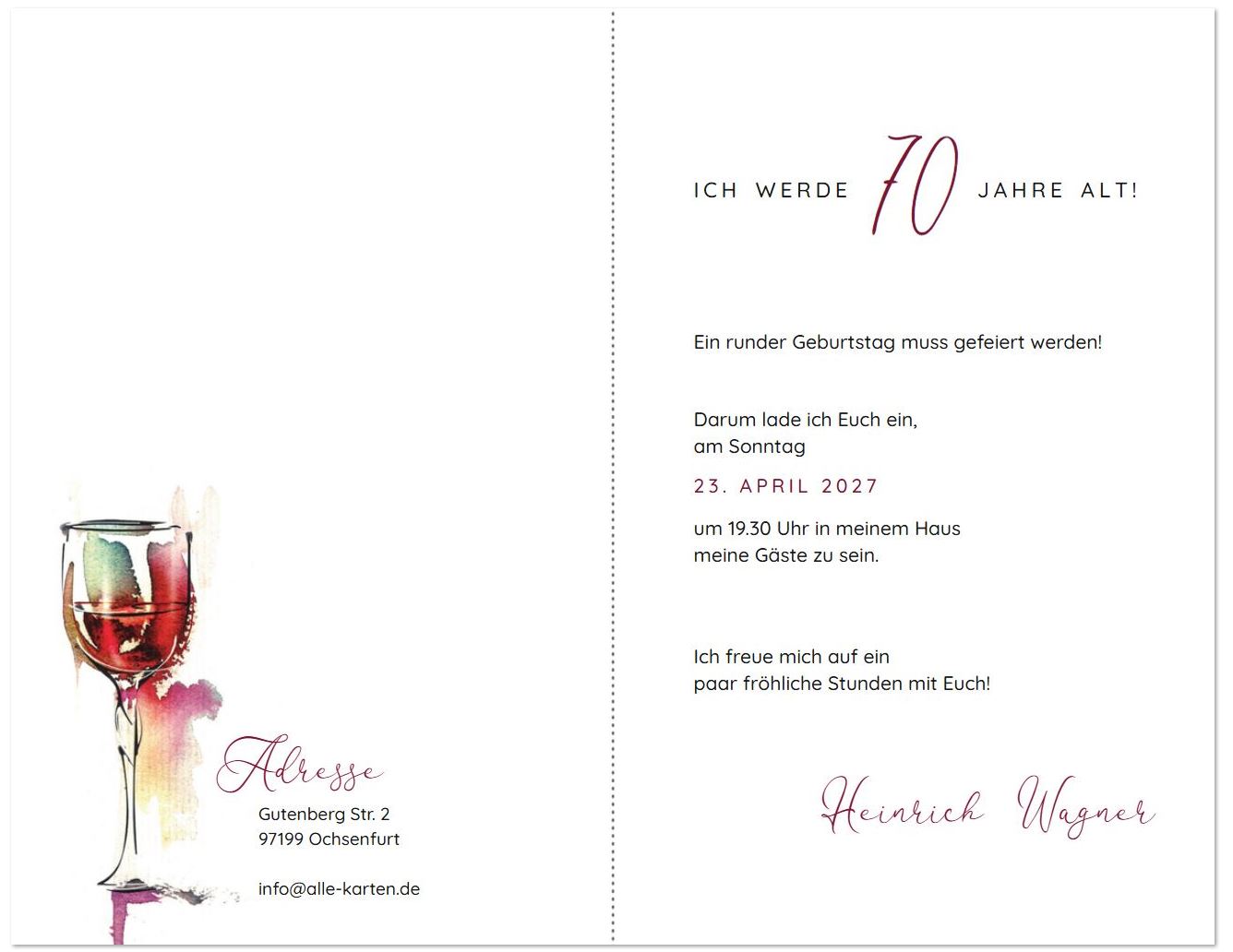 Stilvolle Einladungskarte zum 70. Geburtstag mit Weinglas im Aquarellstil