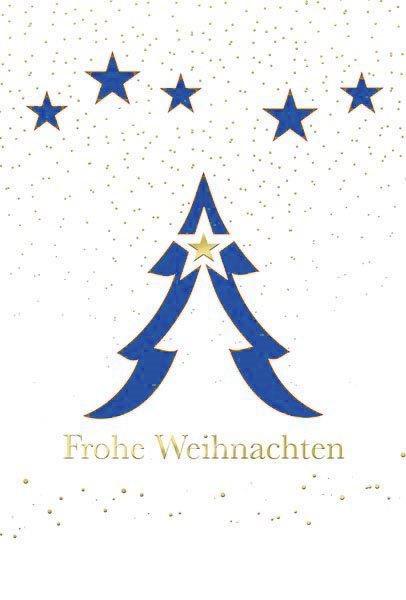 Weihnachtskarte mit Goldfolienprägung und Formstanzung in weiß, Einleger blau