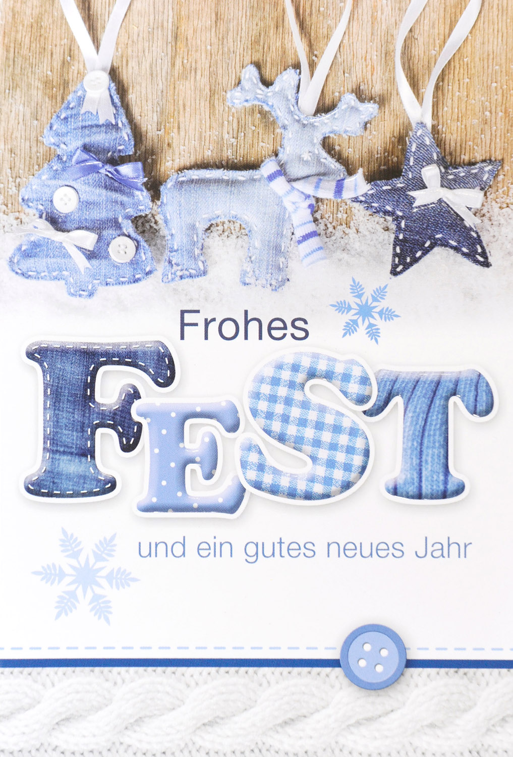 Festtagskarte mit verschiedenen Anhängern aus Jeans-Stoffmustern Frohes Fest