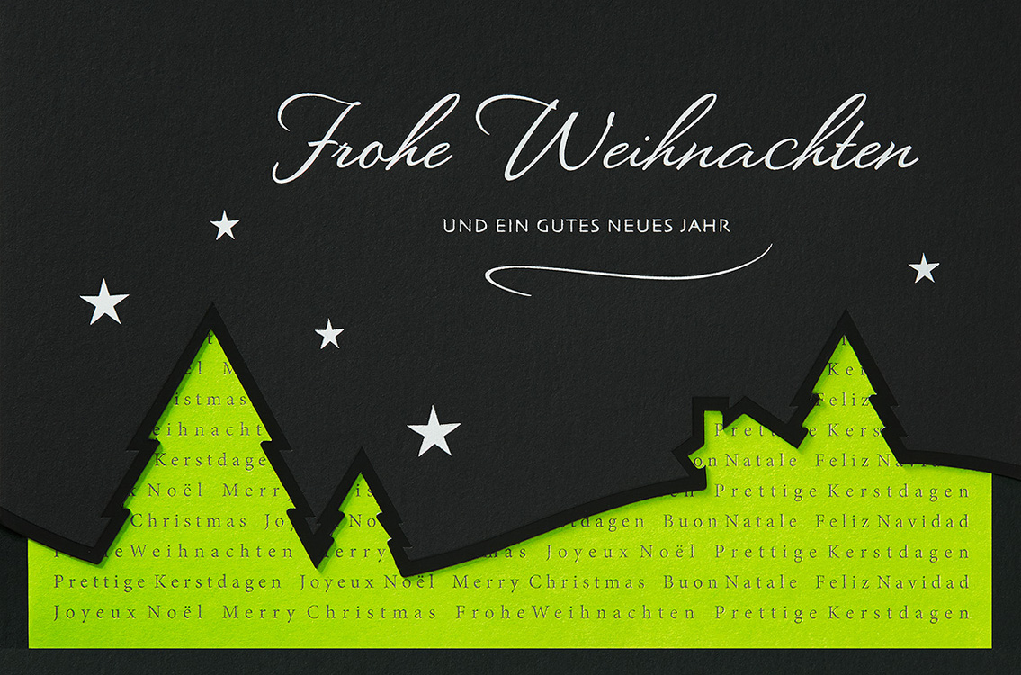 Weihnachtskarte schwarz Frohe Weihnachten Silhouette hellgrün