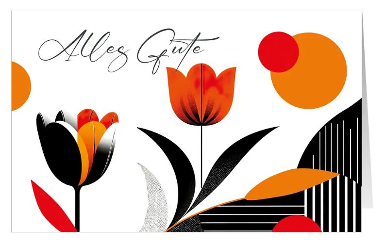 Moderne Glückwunschkarte für viele Anlässe mit "Alles Gute" und grafischem Tulpen-Motiv