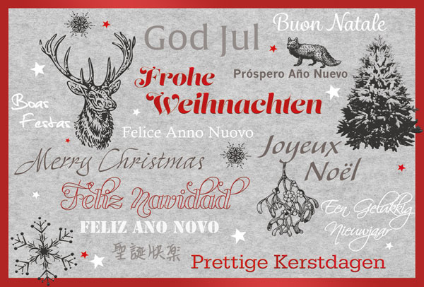 Weihnachtskarte mit weihnachtlichen Symbolen und roter Folienprägung international