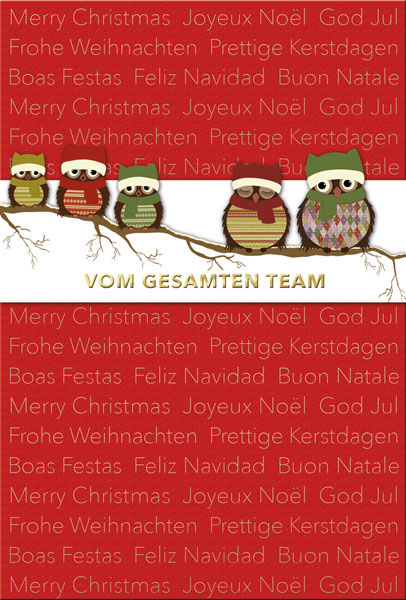 Weihnachtskarte / Teamkarte rot mit silberner Folienprägung und witzigen Eulen