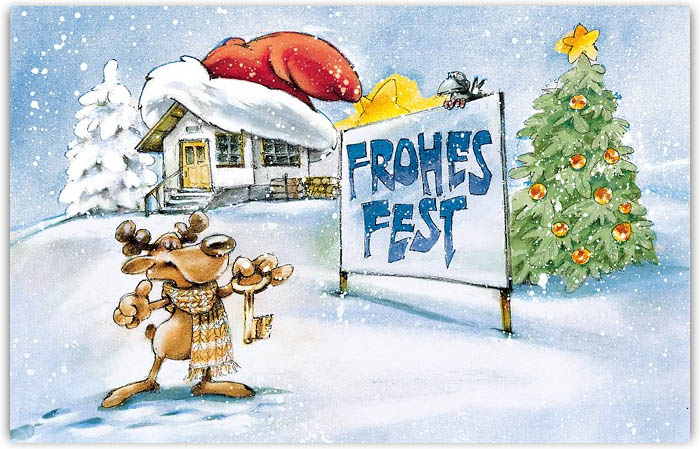 Farbenfrohe Weihnachtsgrußkarte für Hausverwaltung und Immobilienbüro mit Gruß "Frohes Fest"