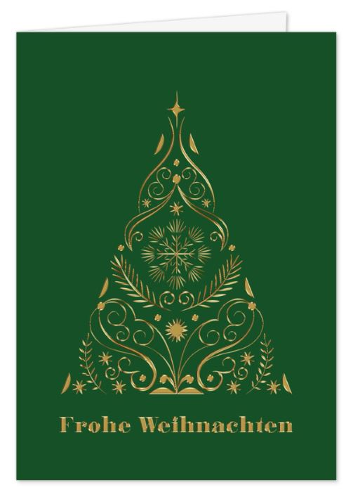 Elegante Weihnachtskarte in dunkelgrün mit Weihnachtsbaum aus goldgeprägten Ornamenten und "Frohe Weihnachten"