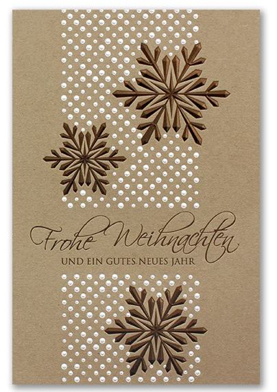 Rustikale Weihnachtskarte aus braunem Ökokarten mit Falteinlegebaltt und Folienprägung in weiß und braun