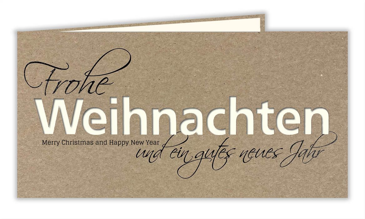 Naturbraune Weihnachtskarte mit Ausstanzung "Weihnachten" Schriftzug und weißem Einlegeblatt
