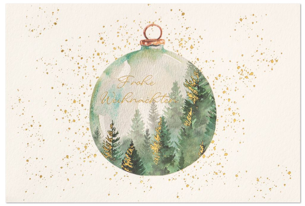 Weiße Weihnachtskarte mit grüner Aquarell-Waldkugel & Goldsprenkeln sowie dem Gruß "Frohe Weihnachten"