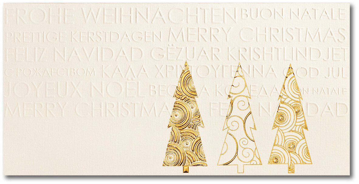 Cremefarbene Weihnachtskarte mit Relieftext und drei Weihnachtsbäumen