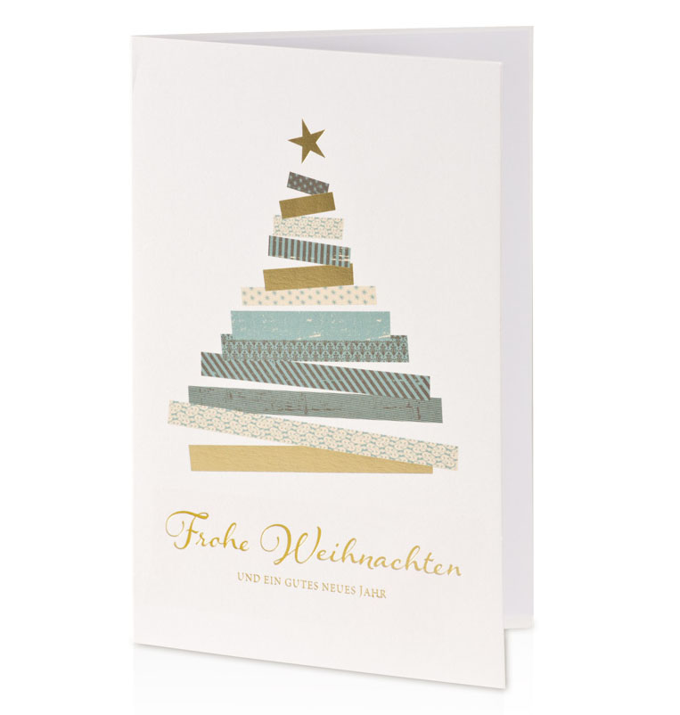 Weihnachtskarte weiß mit Weihnachtsbaum aus Muster und Goldfolie