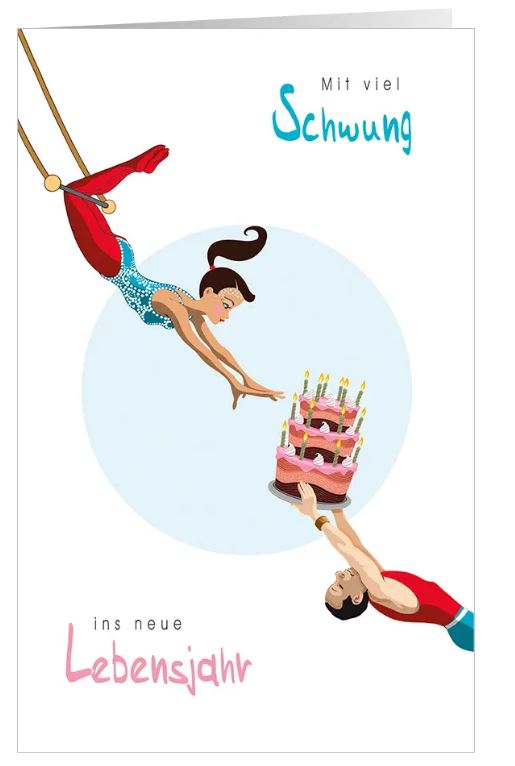 Humorvolle Geburtstagskarte "Akrobatik" im originellen Design mit Trapezkünstlern und Geburtstagstorte