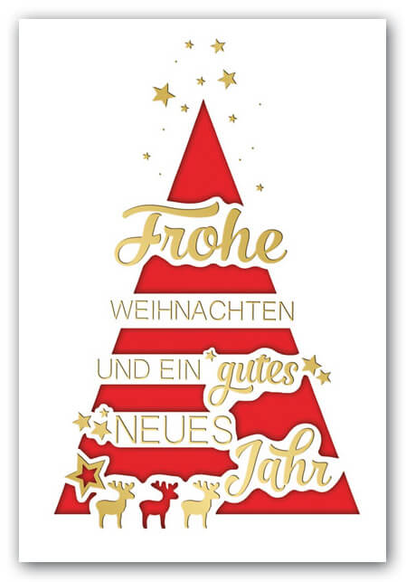 Weihnachtkarte in weiss mit rotem Falteinleger, Stanzung und Goldfolienprägung