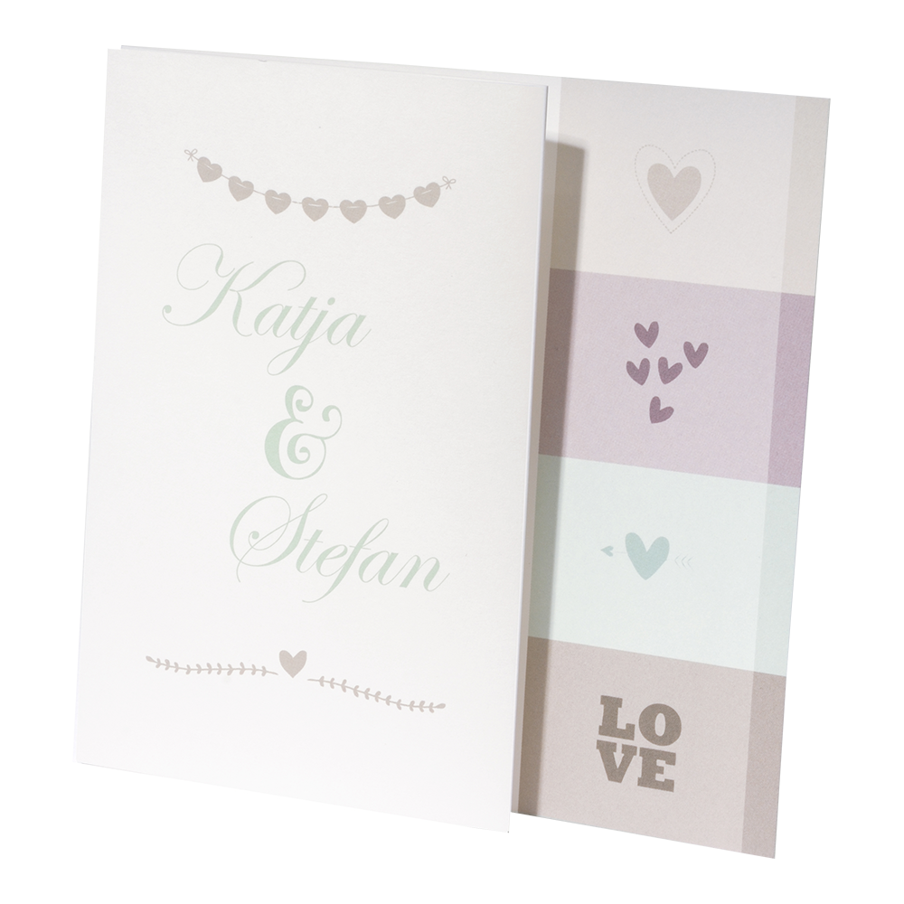Hochzeitskarte creme mit Herzen auf Farbflächen und LOVE