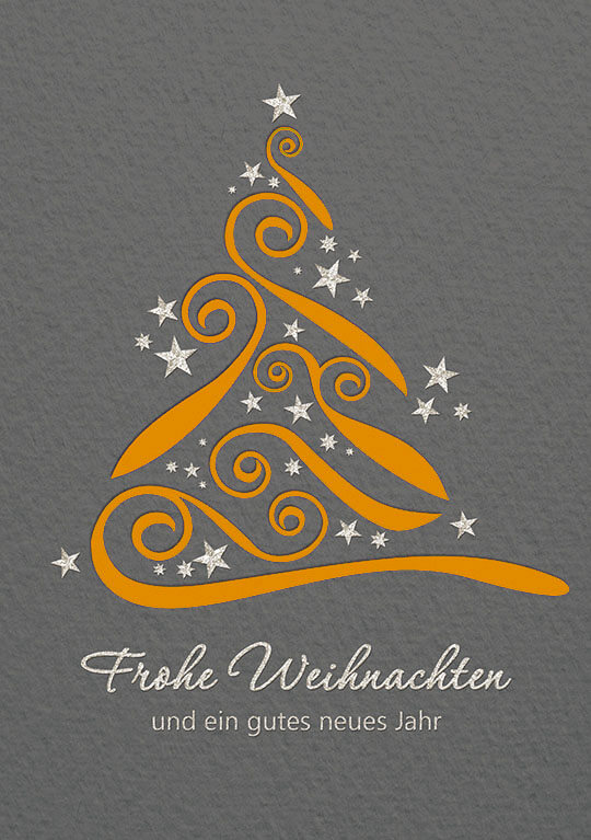 Weihnachtskarte in grau mit orangefarbenem Einleger zugunsten Deutsche Kinderkrebsstiftung
