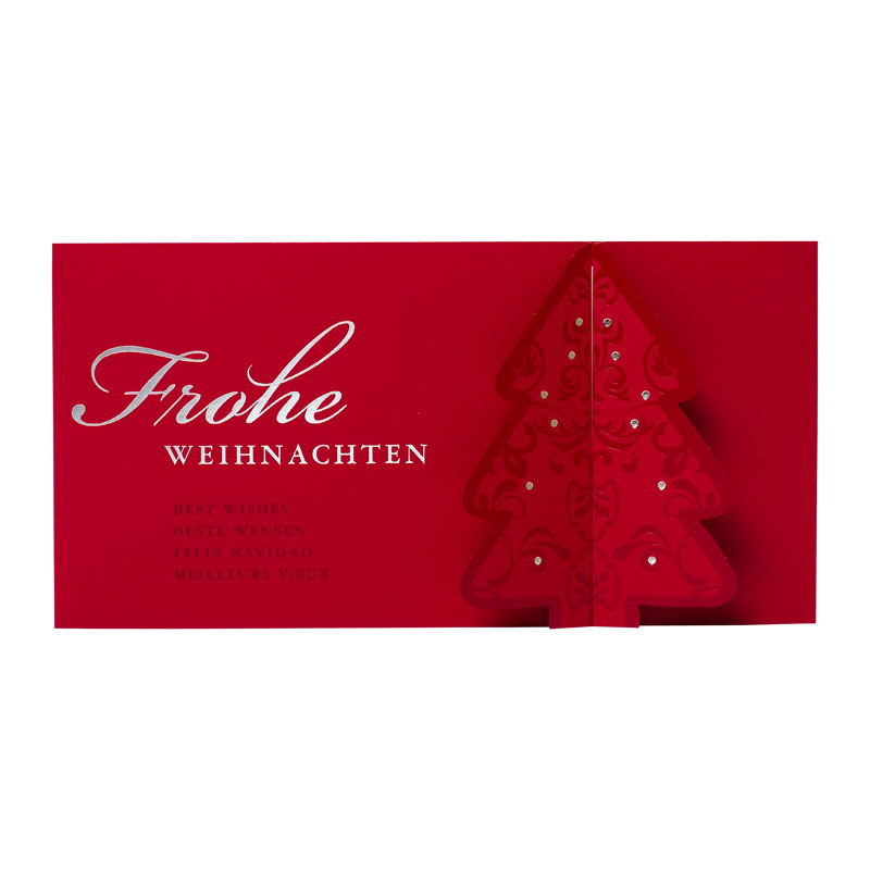 Weihnachtskarte rot mit zweiteiligem Weihnachtsbaum Silberfolie