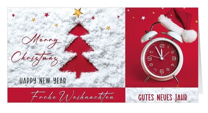 Witzige Weihnachtskarte "Weihnachts-Countdown" mit deutsch-englischem Weihnachts- und Neujahrsgruß, DIN lang
