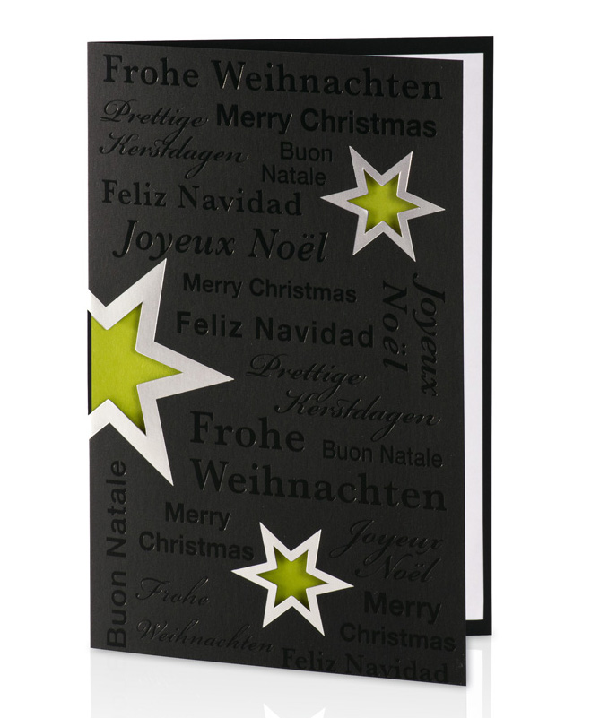 Weihnachtskarte schwarz mit silbernen Sternen - Einleger grün