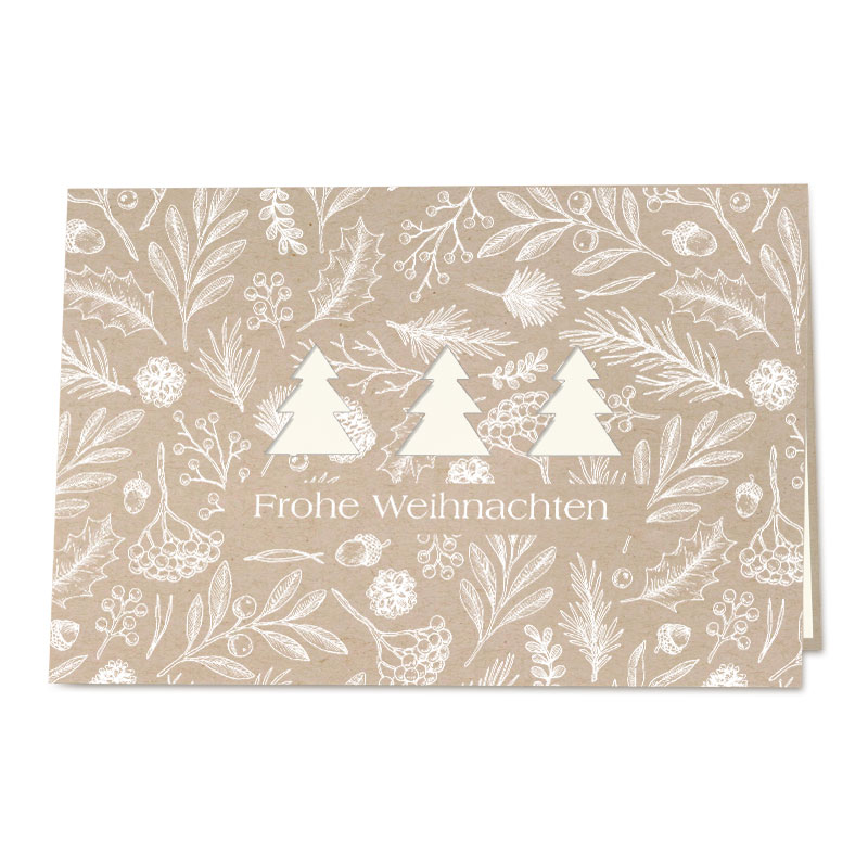 Naturbraune Weihnachtskarte aus Kraftpapierkarton mit Stanzung und weißer Folienprägung inkl. Falteinlegeblatt innen