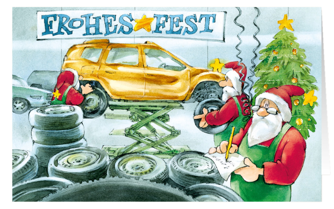 Weihnachtskarte Branchenkarte Reifendienst KFZ Autoreifen Frohes Fest