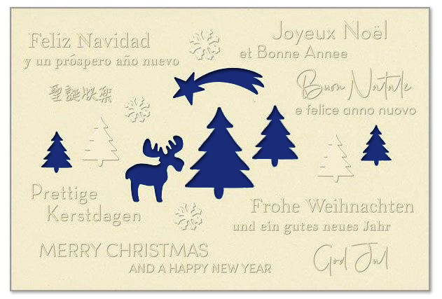 Hellbeige Weihnachtskarte "Elchgruß" mit Formstanzung und fühlbarer Blindprägung, mehrsprachig, Einleger dunkelblau