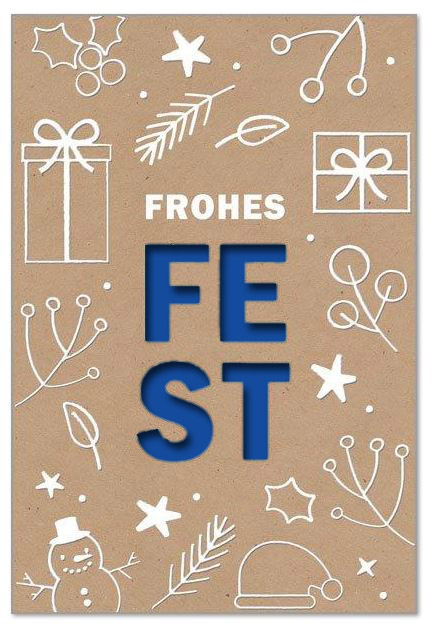 Gestanzter Festgruß mit weiß geprägten Winter-Doodles und Spende zugunsten dem Deutschen Kinderhilfswerk e.V., Einleger blau