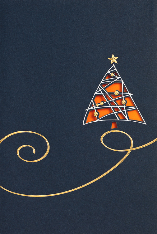 Weihnachtskarte nachtblau mit Weihnachtsbaum Einleger orange